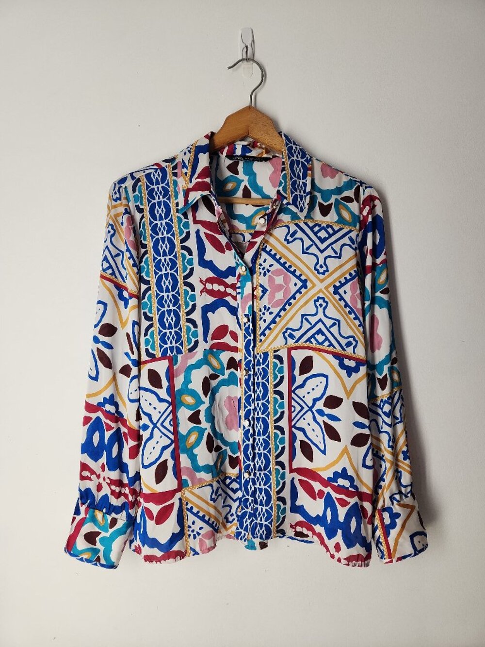 Zara Printed Satin Shirt retro patchwork-style relaxed oversized button down S